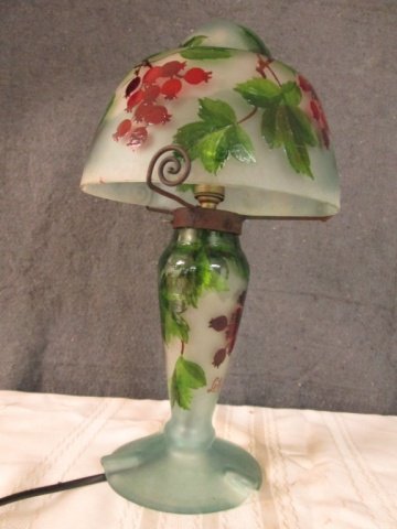 FRANCIOS LATOUR FRENCH CAMEO ART GLASS 13.5" LAMP: SIGNED LETOUR, MADE IN FRANCE LATE 20TH C. FLORAL ART NOUVEAU MOTIF SHADES OF GREEN, RED, BROWN, ETC, 15 WATT BULBS MAX.