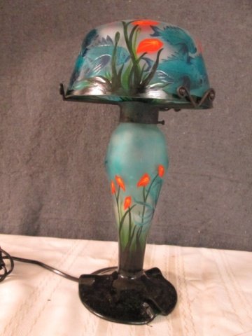 FRANCIOS LATOUR FRENCH CAMEO ART GLASS 13.0" LAMP: SIGNED LETOUR, MADE IN FRANCE LATE 20TH C. TROPICAL FISH DESIGN SHADES OF BLUE, ORANGE, GREEN, ETC, 15 WATT BULBS MAX.