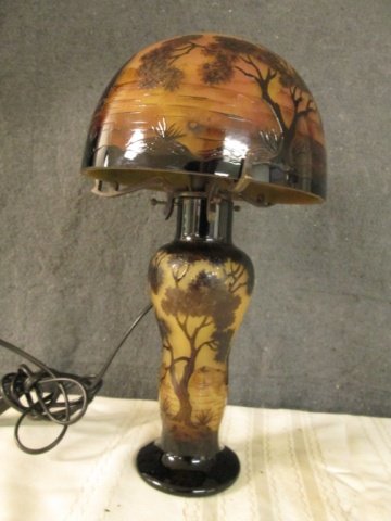 AFTER GALLE FRENCH CAMEO ART GLASS 13.5" LAMP: SIGNED GALLE, MADE IN FRANCE LATE 20TH C. SHIPS SCENE ART NOUVEAU MOTIF, SHADES OF GOLD, BROWN, ETC, 15 WATT BULBS MAX.