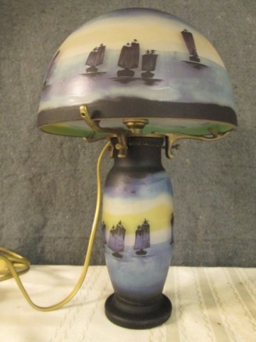 AFTER GALLE FRENCH CAMEO ART GLASS 10.5" LAMP: SIGNED GALLE, MADE IN FRANCE LATE 20TH C. SHIPS SCENE ART NOUVEAU MOTIF, SHADES OF BLACK, PURPLE, BLUE, ETC, 15 WATT BULBS MAX.