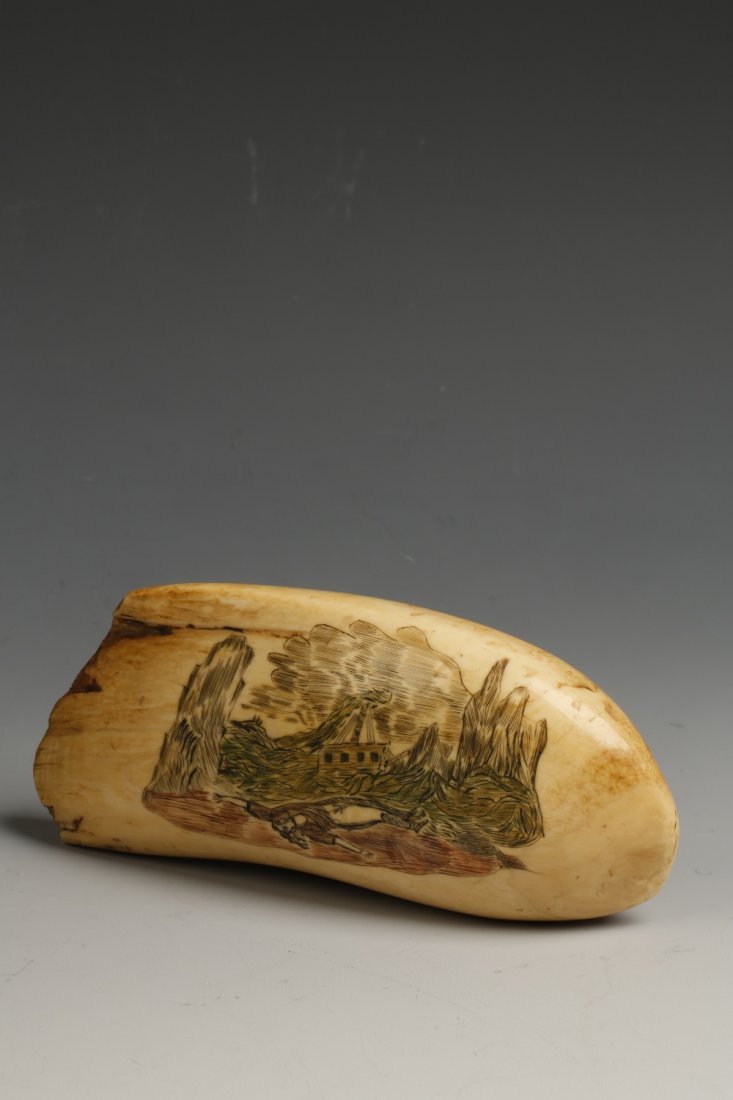 A SCRIMSHAW WHALE'S TOOTH, 19th century, incised and c: A SCRIMSHAW WHALE'S TOOTH, 19th century, incised and coloured with a shipwreck to one side and a scene of Moses discovered among the bulrushes, 6". See illustration¦