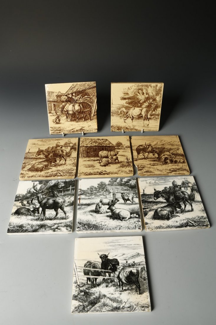 A SET OF FIVE BROWN TRANSFER DECORATED MINTON TILES, ea: A SET OF FIVE BROWN TRANSFER DECORATED MINTON TILES, each decorated with animal scenes, with moulded Mintons marks to the undersides, and a similar set of four black transfer Minton tiles, each 6" x 6
