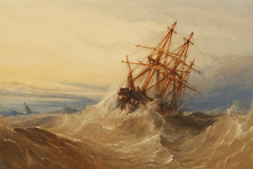 ATTRIBUTED TO JOHN OR WILLIAM CALLOW "Sea Piece", previ: ATTRIBUTED TO JOHN OR WILLIAM CALLOW "Sea Piece", previous Grindley & Palmer label applied, verso, watercolour with gouache, 12.25" x 18.25" and the companion "Blowing Free" (2) Provenance: John Naylo