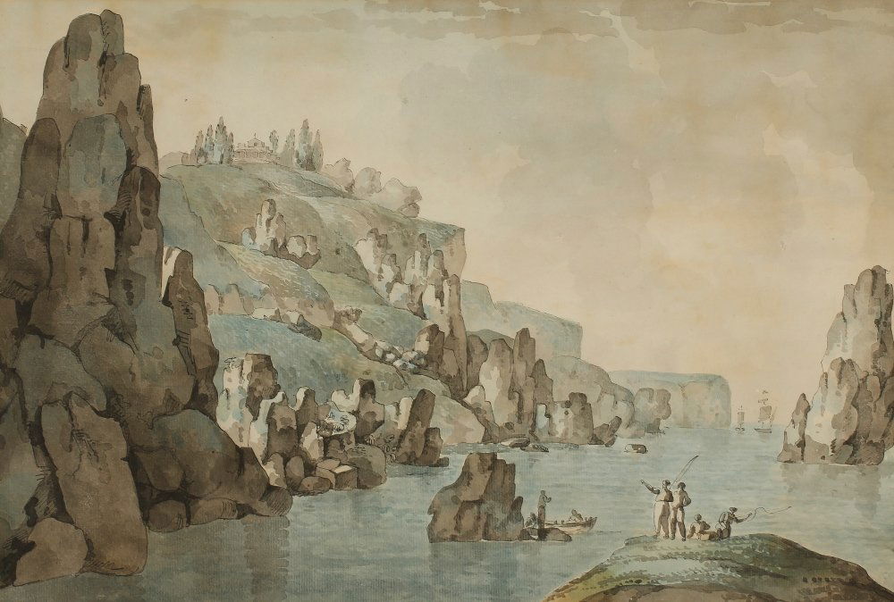 GIACOMO QUARENGHI (1744-1817) View of the coast near Ba: GIACOMO QUARENGHI (1744-1817) View of the coast near Balaklava, with the St. George Monastry beyond, John Manning label, verso, Body colour and pen and ink, 12 ¼" x 18". See illustration