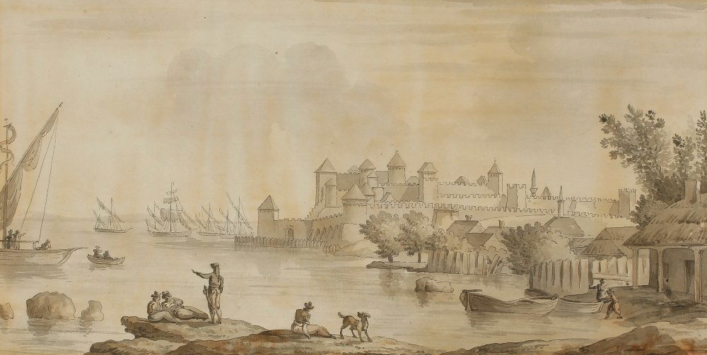 GIACOMO QUARENGHI (1744-1817) 'View of the Akkerman Fo: GIACOMO QUARENGHI (1744-1817) 'View of the Akkerman Fortress from the Dniestr estuary', John Manning label, verso, watercolour and pen and ink, 8½" x 16 ½". See illustration