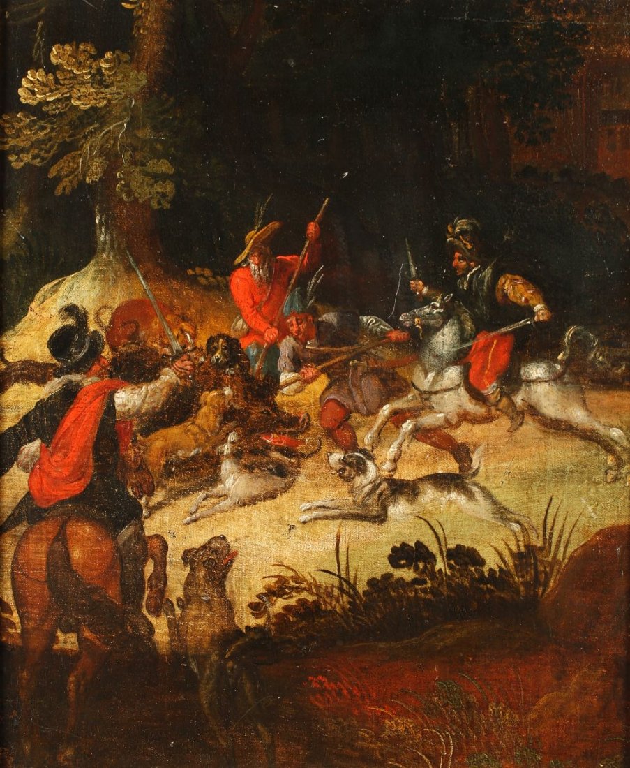 FOLLOWER OF PETER PAUL RUBENS (1577-1640) A woodland hu: FOLLOWER OF PETER PAUL RUBENS (1577-1640) A woodland hunt scene with figures and hounds attacking a boar, oil on canvas laid on panel, 16" x 30"