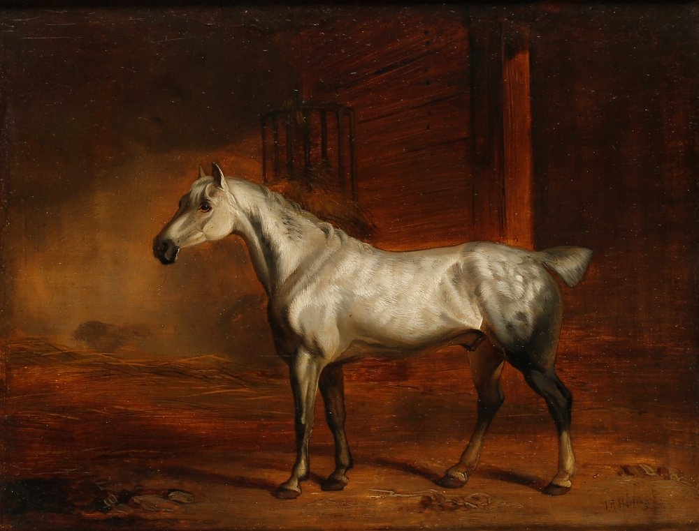 JOHN FREDERICK HERRING A grey horse in a stable, signed: JOHN FREDERICK HERRING A grey horse in a stable, signed lower right, oil on panel, 7.5" x 10", in a gilt foliate frame. Provenance: With Frost & Reed, Private collection, East Dorset.