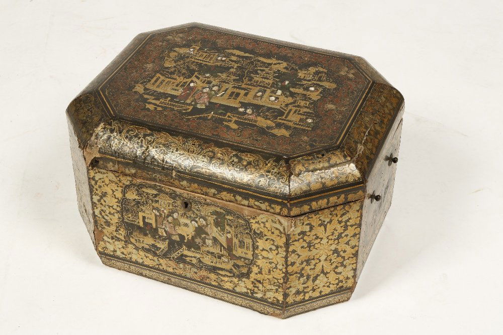 A CHINESE "CANTON" EXPORT LACQUERWARE SEWING BOX with a: A CHINESE "CANTON" EXPORT LACQUERWARE SEWING BOX with a broad octagonal top decorated with Chinese figures amongst buildings, within scrolling borders, 15" wide
