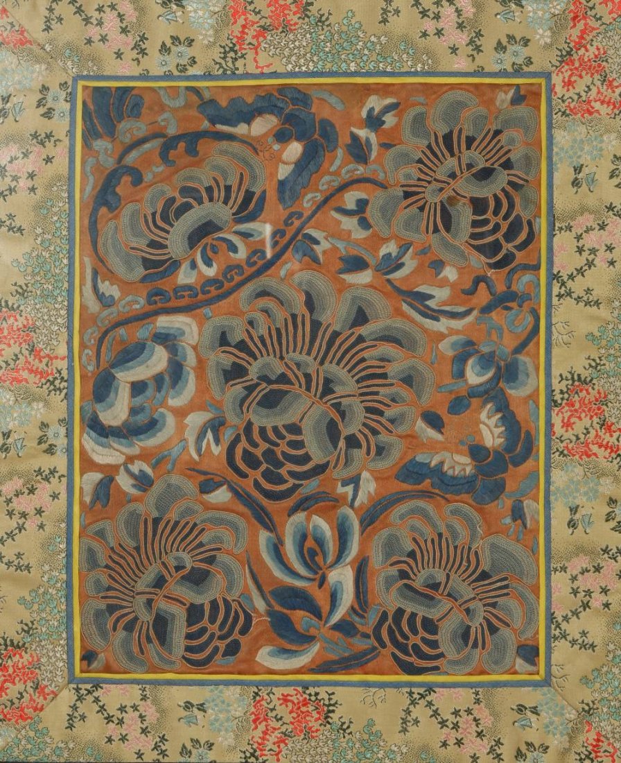 A CHINESE KESI-TYPE EMBROIDERED PANEL showing flowers: A CHINESE KESI-TYPE EMBROIDERED PANEL showing flowers within a decorative border, Qing, 15.5" x 13"; together with a silk-embroidered panel showing bats and flowers, on a yellow ground, Qing, 18.5" x 