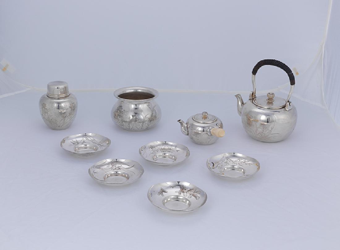 A Set Of Nine Pieces Carved Sterling Silver Tea Set: A Set Of Nine Pieces Carved Sterling Silver Tea Set With Floral Design 純銀 四君子茶具套組 一套九件器底款