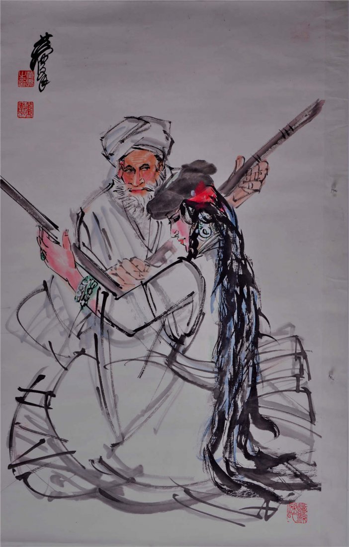 HUANG ZHOU FIGURES: 35黃胄《新疆舞》 HUANG ZHOU FIGURES INK AND COLOR ON PAPER, MOUNTED DIMENSION: 97 x 59CM38.2 x 23.2IN 設色紙本，鏡心