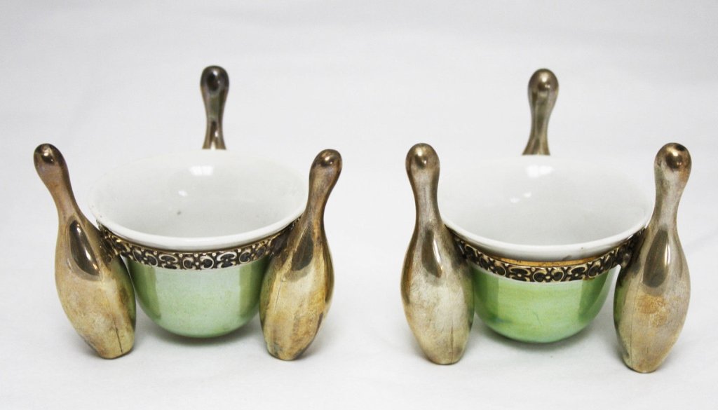 Gorham Sterling Bowling Pin Porcelain Salt Dishes: Whimsical rare pair of antique sterling silver figural shaped bowling pin open salt bowls or cellars, with light green and white porcelain liners with gilt trim, made in the United States by Gorham c.