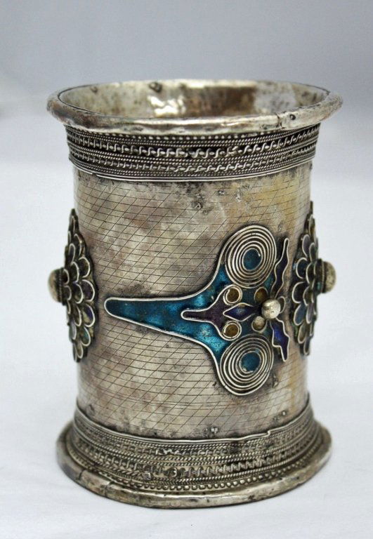 Middle Eastern 19th C Silver Enamel Cuff Bracelet: Antique 800 silver and blue and purple enamel ornate filigree primitive construction cuff bracelet, believed to be made in the Middle East in the 19th C. Approximate Size: 3 3/4" L x little over 3 3/4