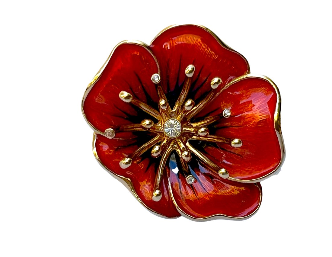 Vintage Monet Poppy Brooch / Pin Orange Enamel Flower Brooch: Orange Enamel Flower Brooch - Rhinestone Accents, Vintage Monet Costume Jewelry