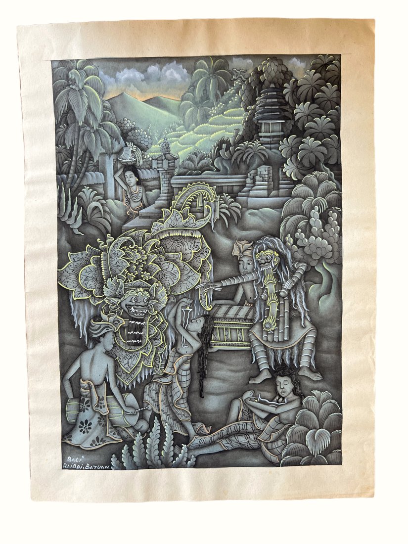 BALINESE PAINTING ON PAPER: Balinese painting, gouache, watercolor on paper, signed Painting 10.6" x 14" provenance: PURCHASE FROM ART GALLERY PANDY SANUR BALI BY MRS.SHOWMAN H.C. FROM LOS ANGELES, THIS PAINTING WAS MRS.SHOWMAN 