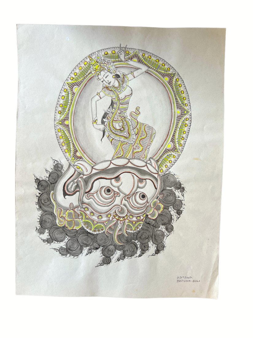 BALINESE PAINTING ON PAPER BY ASTAWA: Balinese hand painting, gouache, watercolor ink on paper, signed Painting 10.6" x 14"provenance: PURCHASE FROM ART GALLERY PANDY SANUR BALI BY MRS.SHOWMAN H.C. FROM LOS ANGELES, THIS PAINTING WAS MRS.