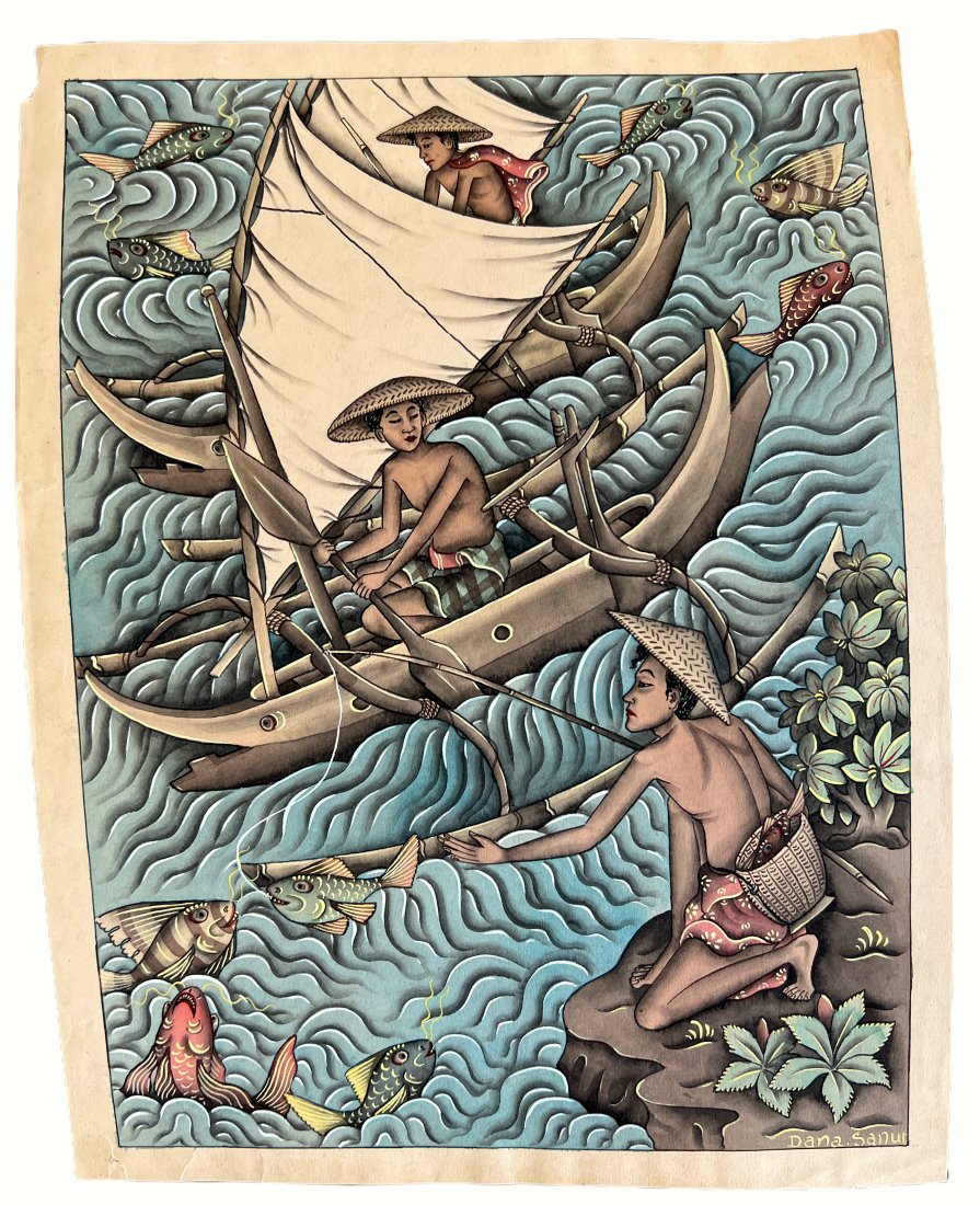 BALINESE PAINTING ON PAPER BY DANA SANUR: Balinese hand painting, gouache, watercolor ink on paper, signed Painting 10.6" x 14" provenance: PURCHASE FROM ART GALLERY PANDY SANUR BALI BY MRS.SHOWMAN H.C. FROM LOS ANGELES, THIS PAINTING WAS MRS