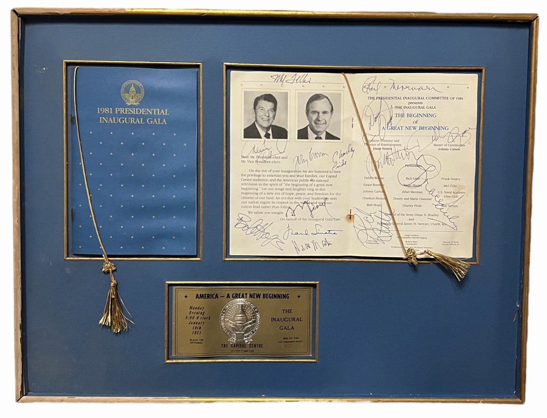 PRESIDENT RONALD REAGAN 1981 PRESIDENTIAL INAUGURAL GALA, SIGNED AUTOGRAPH: Ticket to the Inaugural Gala in honor of President Ronald Reagan and Vice President George H. W. Bush, the Capital Centre, Washington, 1981. Metallic gold card with gold embossed Inaugural seal. For b
