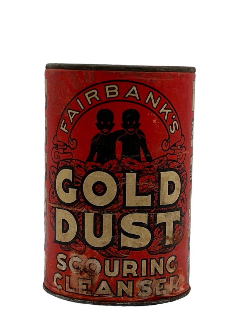 SET OF TWO VINTAGE AMERICAN GOLD DUST SCOURING POWDER AND BANANIA CHICOREE: SET OF TWO VINTAGE AMERICAN 1920s FAIR BANK'S GOLD DUST SCOURING POWDER TIN CAN CONTAINER UNOPENED AND Old METAL box BANANIA CHICOREE, yellow color BOX