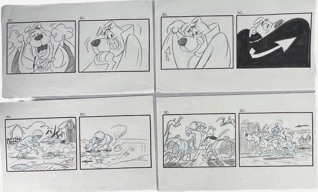 ORIGINAL RARE SCOOBY DOO ANIMATION PRODUCTION STORY BOARD DRAWING: ORIGINAL RARE SCOOBY DOO ANIMATION PRODUCTION STORY BOARD DRAWING, 14" BY 8.5", LOT OF 4This is an original art storyboard drawing page of Scooby Doo, featuring a great image of everyone's favorite an