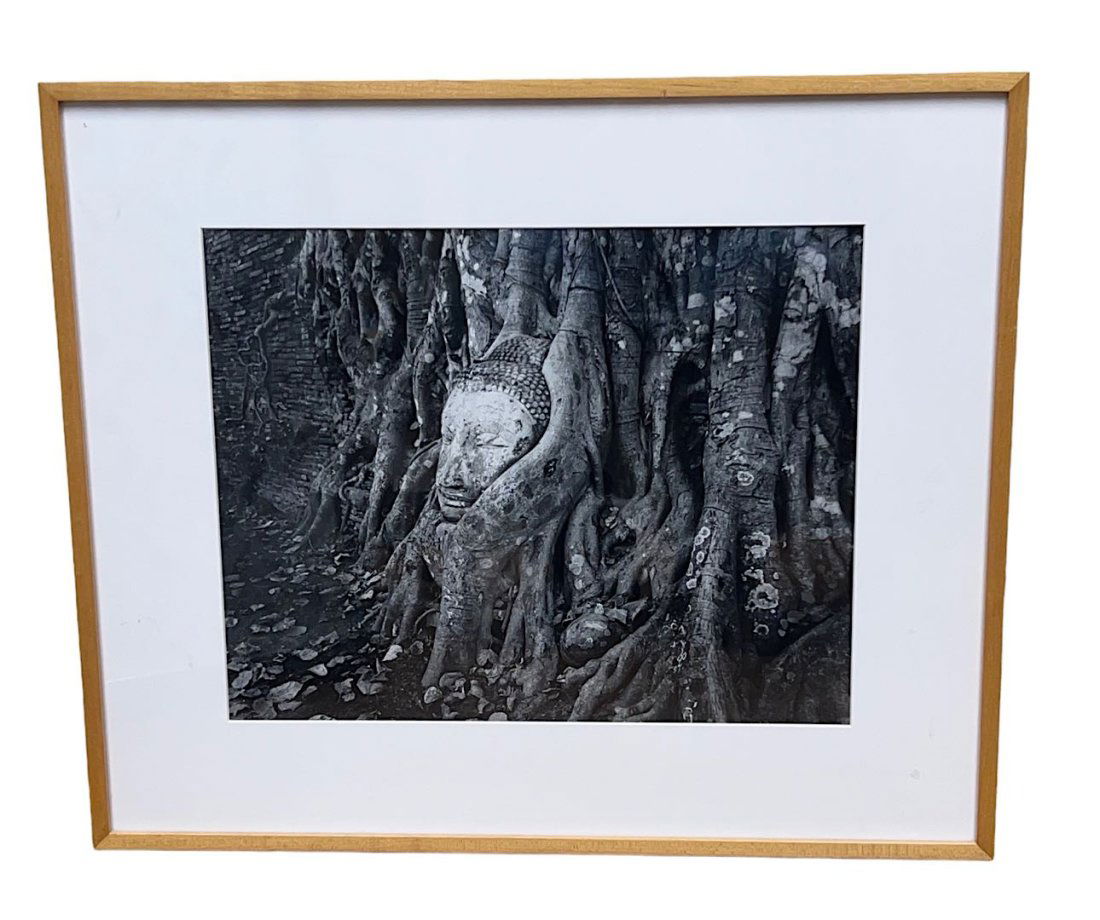 CHRIS RAINIER SILVER GELATIN PHOTOGRAPH BUDDHA FACE AND BANYAN TREE. AYUTTHAYA THAILAND 1991,: CHRIS RAINIER SILVER GELATIN PHOTOGRAPH BUDDHA FACE AND BANYAN TREE. AYUTTHAYA THAILAND 1991, LIMITED EDITION 3/50, SIZE OF PHOTO 16" X 20", FRAME 25" X 21"