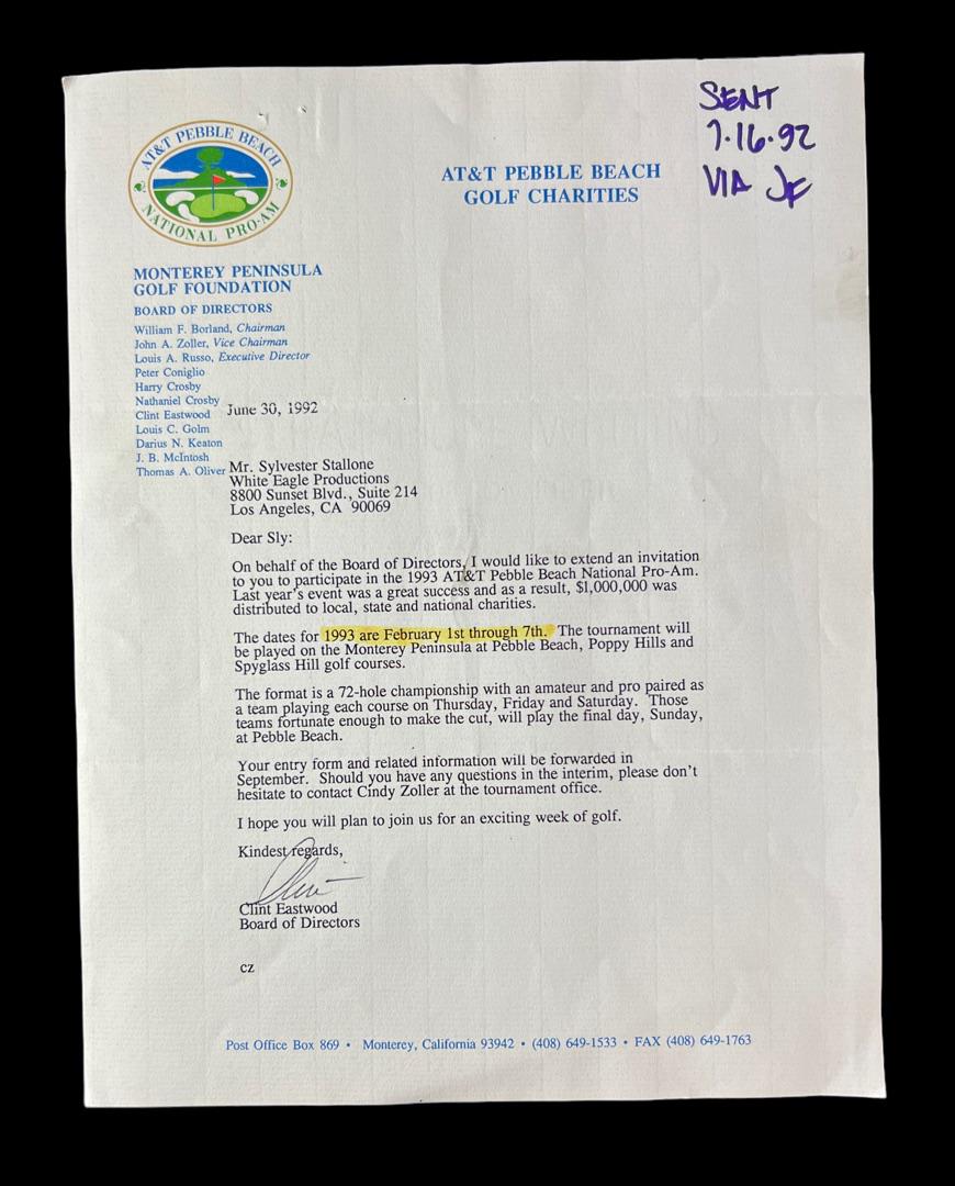 Clint Eastwood signed invitation letter to Sylvester Stallon (1 of 2)