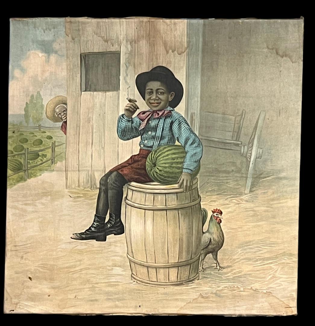 Advertisement artwork on canvas farm boy with watermelon smoking a cigar: Advertisement artwork on canvas farm boy with watermelon smoking a cigar 22" x 22"