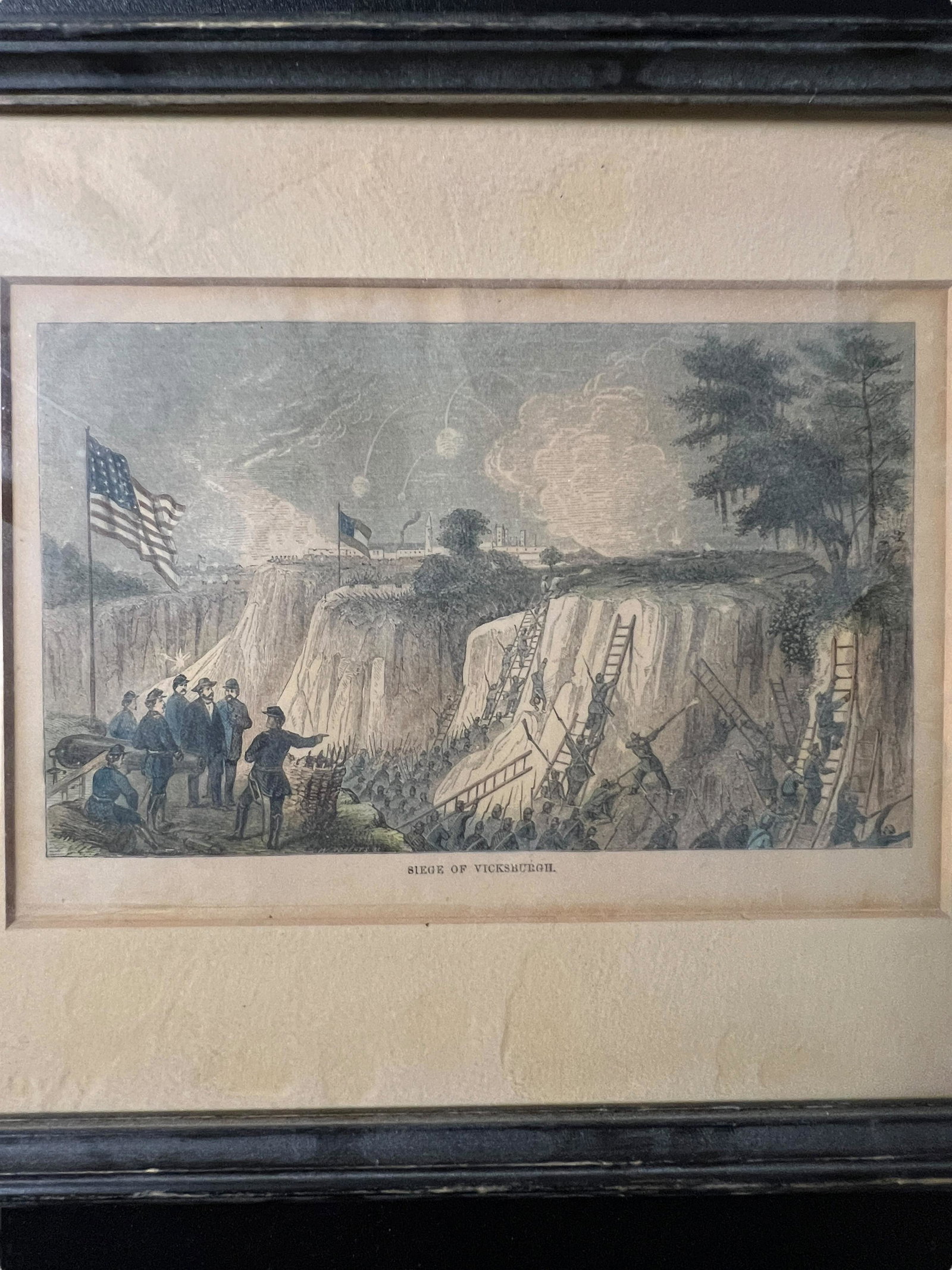 Union assault on confederate line etching siege of Vicksburg: Union assault on confederate line etching siege of Vicksburg 11 1/2" x 9" including frame