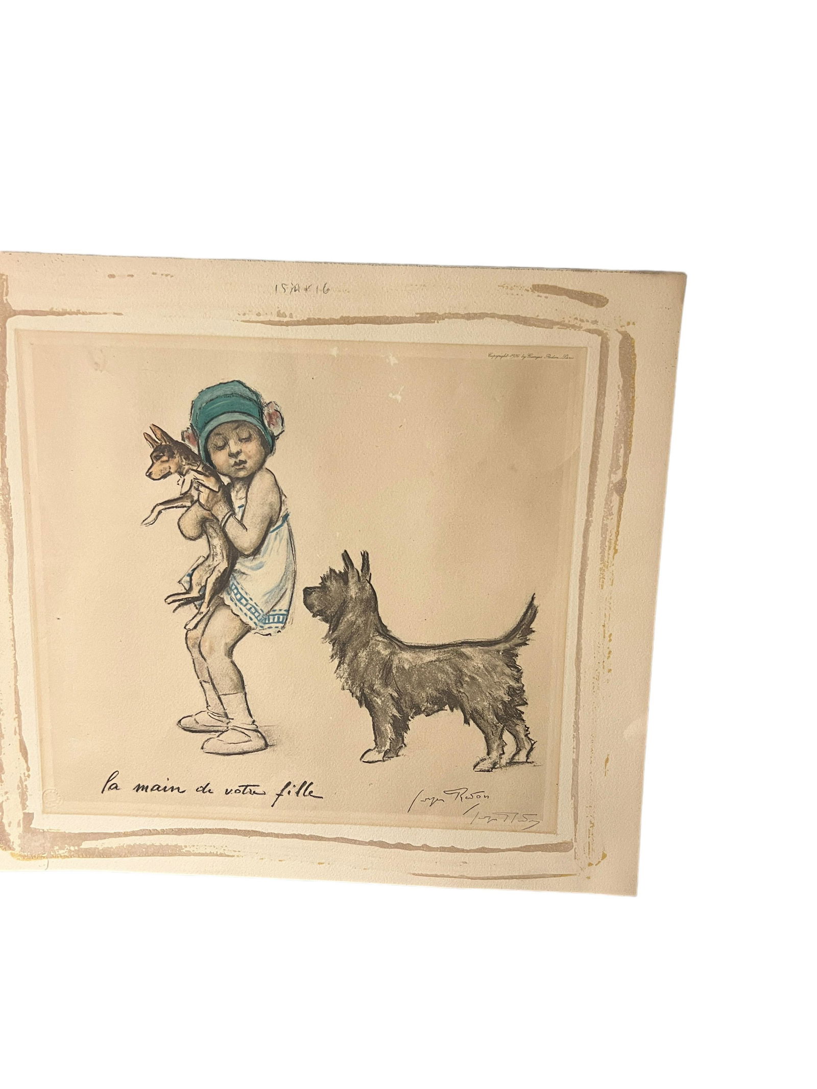 Georges Redon pencil signed, lithograph girl with puppy dog (1 of 5)