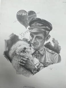 World War II German ace pilot illustration print pencil signed Erich Hartmann: World War II German ace pilot illustration print pencil signed Erich Hartmann print of Eric Hartman with dog. The print is also signed by artist JG Keck, Limited 397 out of 500. 19" x 25"