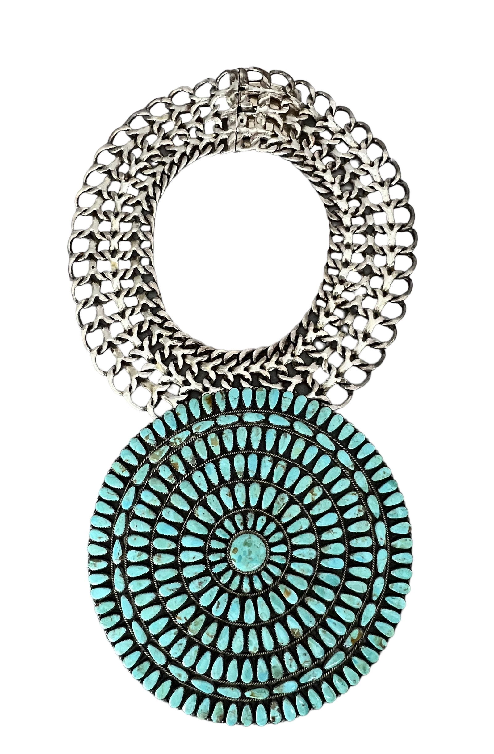 Vintage Native American Navajo sterling silver cluster turquoise large pendant necklace marked LMB (1 of 16)