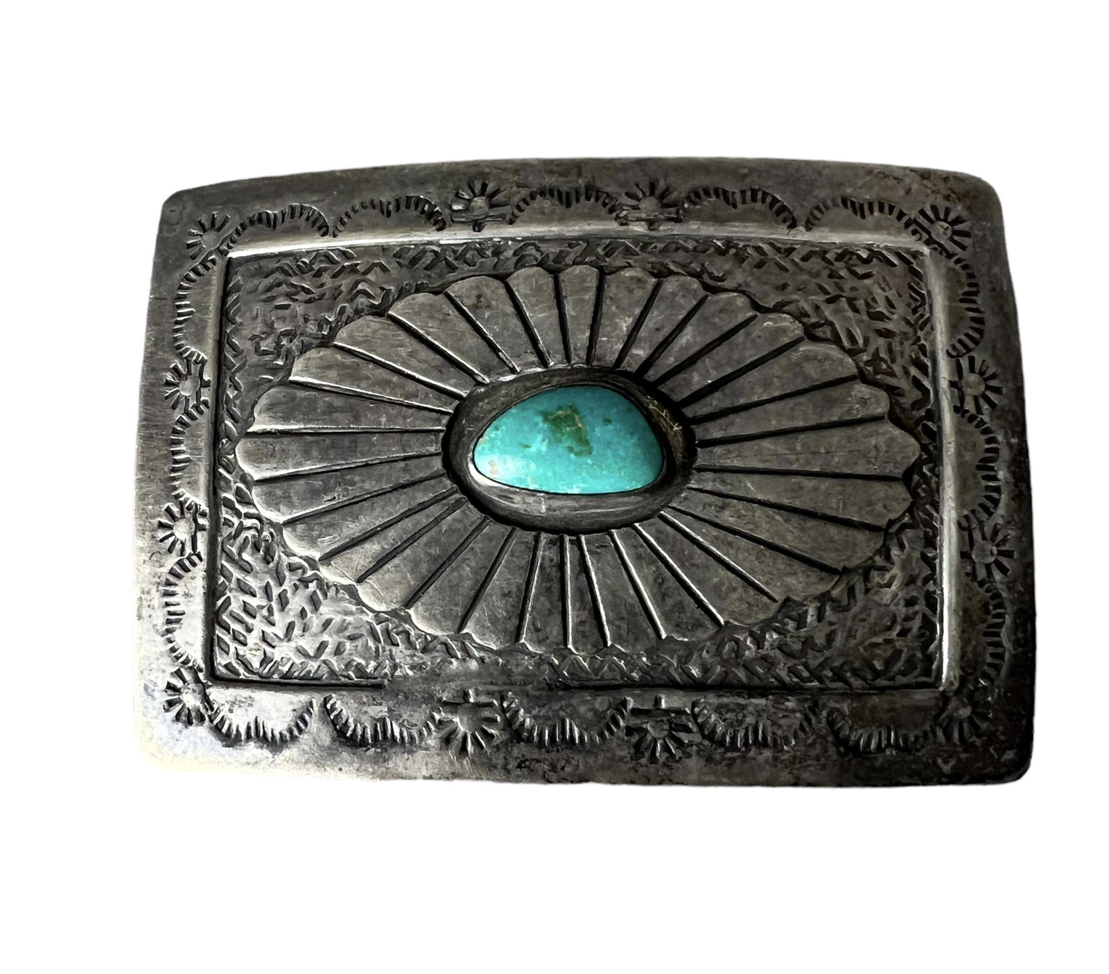 Native American Indian vintage sterling silver turquoise belt buckle marked NHMSS LW: Native American Indian vintage sterling silver turquoise belt buckle marked NHMSS LW a little over 3 inches in diameter