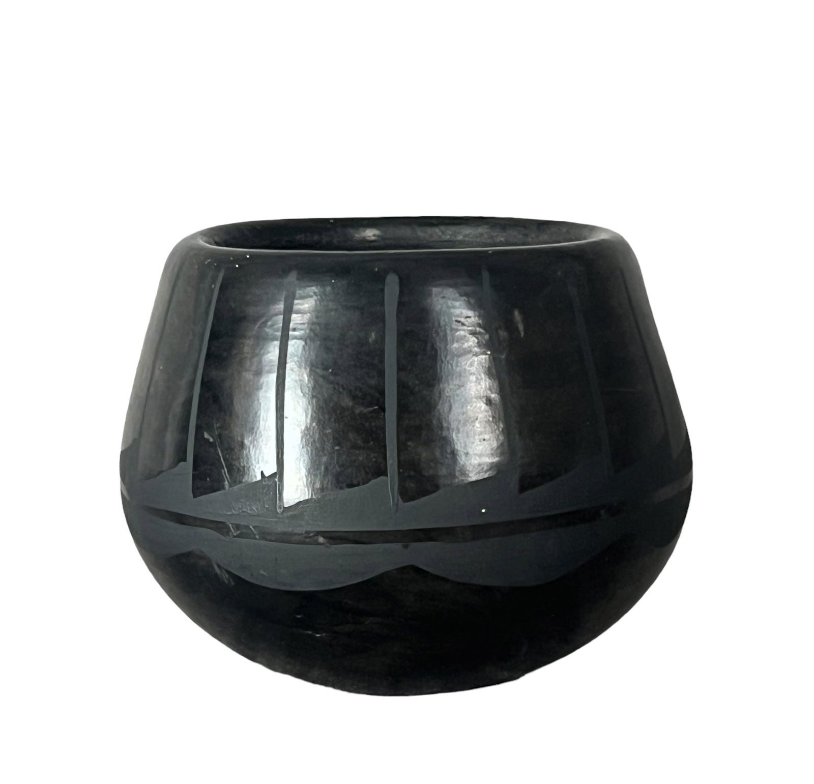 Native American Indian blackware pottery small jar signed JM SDB (1 of 7)