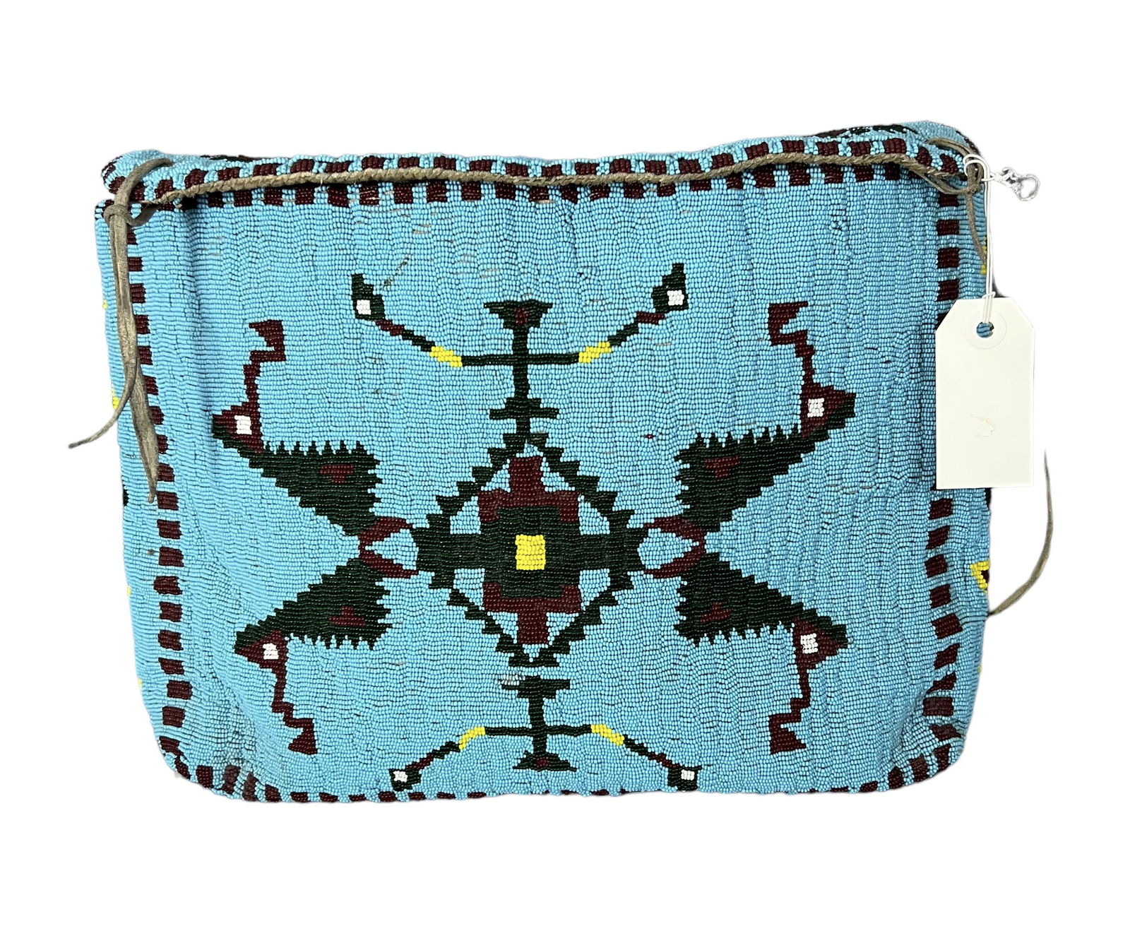 Antique vintage Native American leather turquoise bead satchel 15" x 11" (1 of 5)