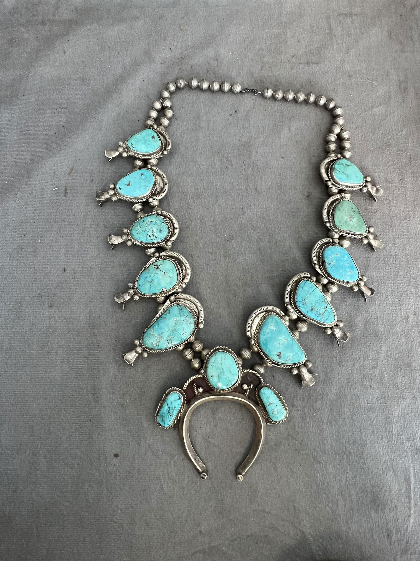 RARE NATIVE AMERICAN SILVER TURQUOISE SQUASH BLOSSOM NECKLACE (1 of 8)