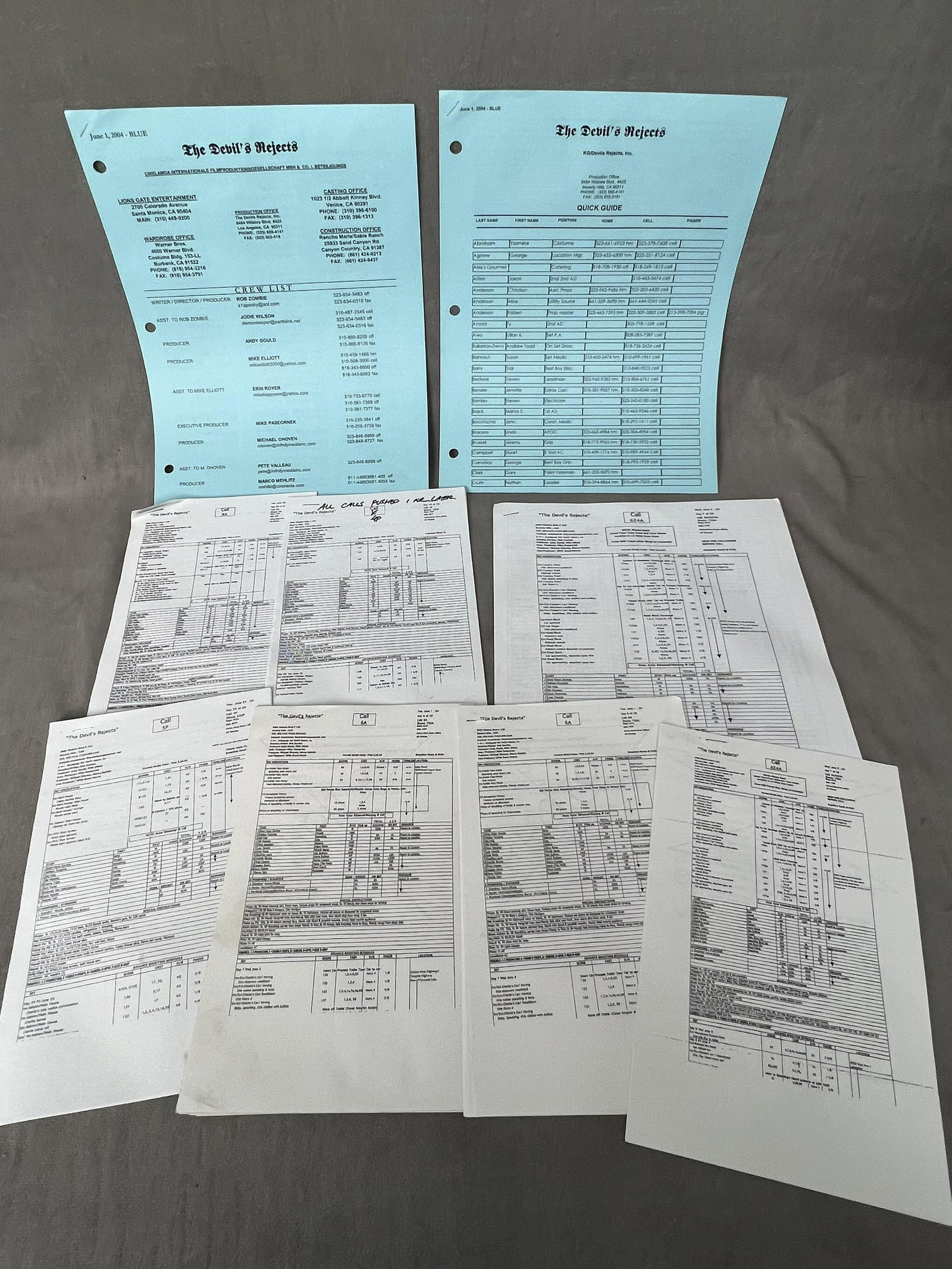The Devil's rejects horror movie call sheet crew list production document lot (1 of 12)