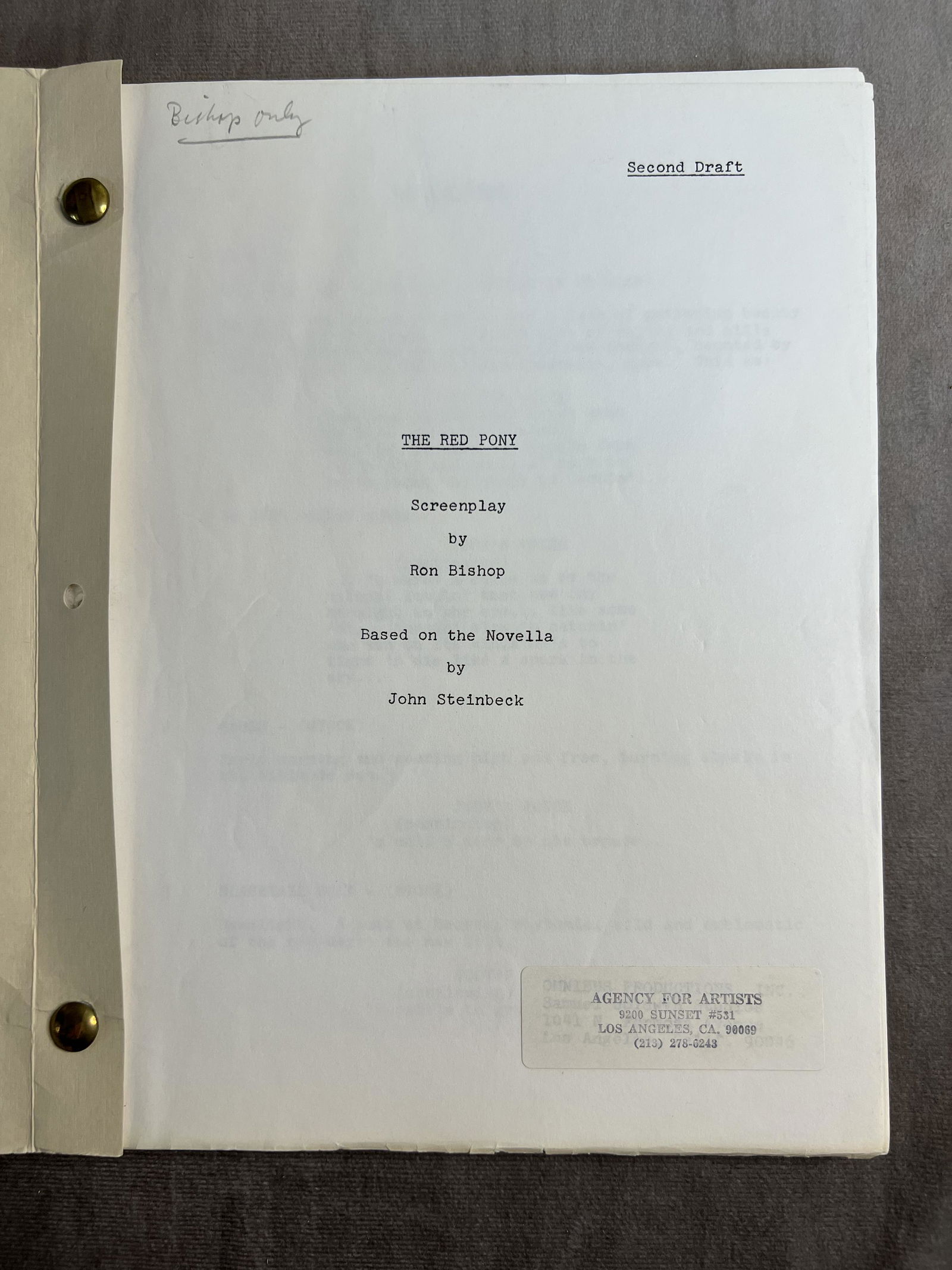 The Red Pony by Ron Bishop Second draft movie script and 18 pages of hand written script pages (1 of 8)