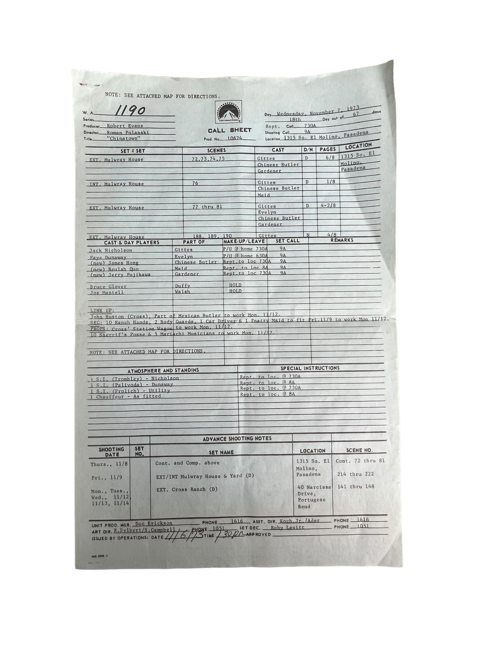 Roman Polanski Chinatown 1973 movie production call sheet 8 1/2" x 13" (1 of 4)