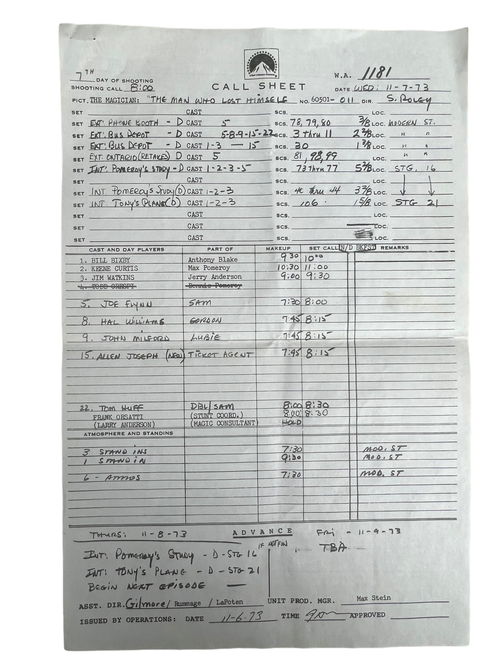 The magician 1973 movie production call sheet 8 1/2" x 13" (1 of 4)