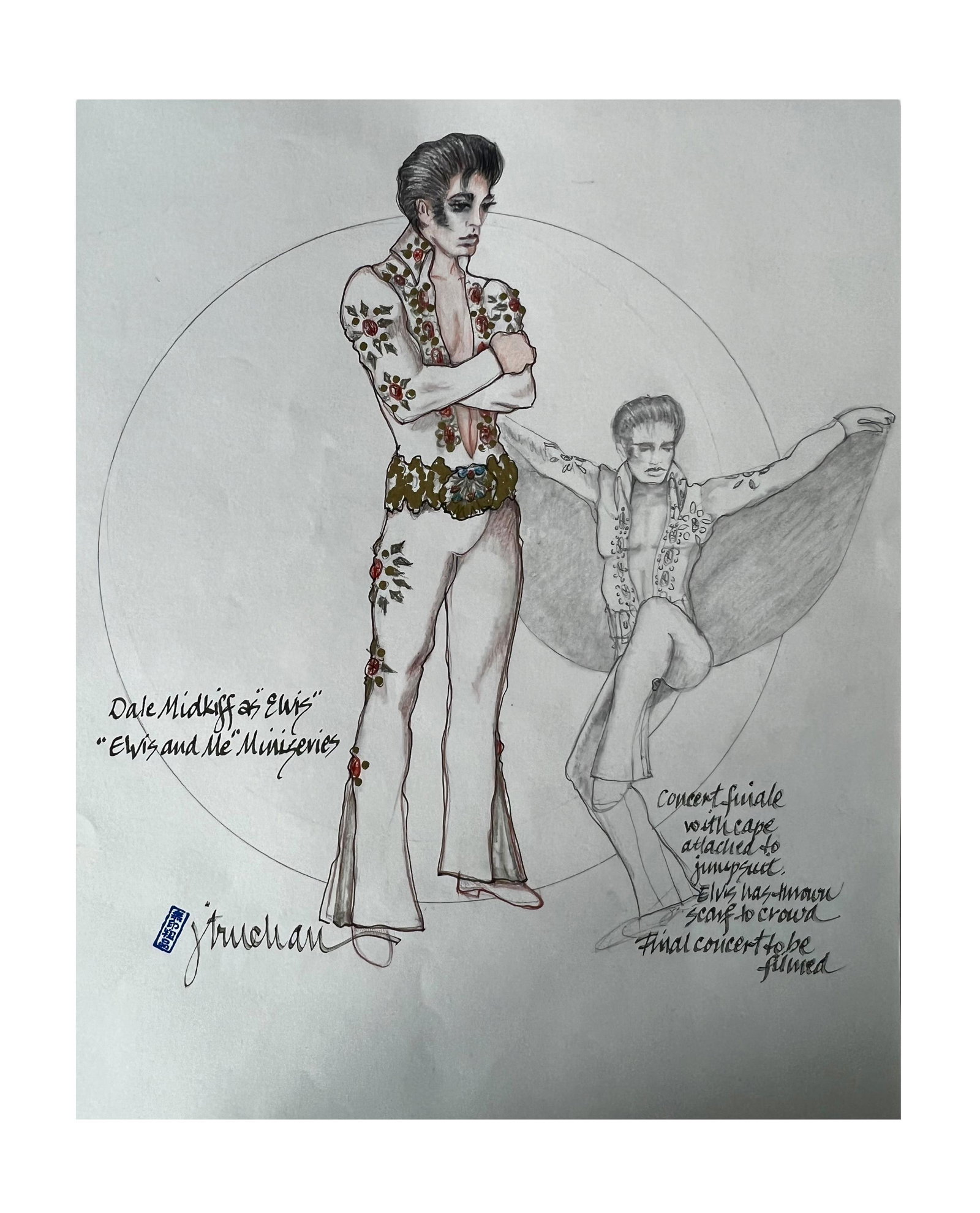 Elvis & Me movie costume design sketch drawing signed by Judy Truchan. (1 of 12)
