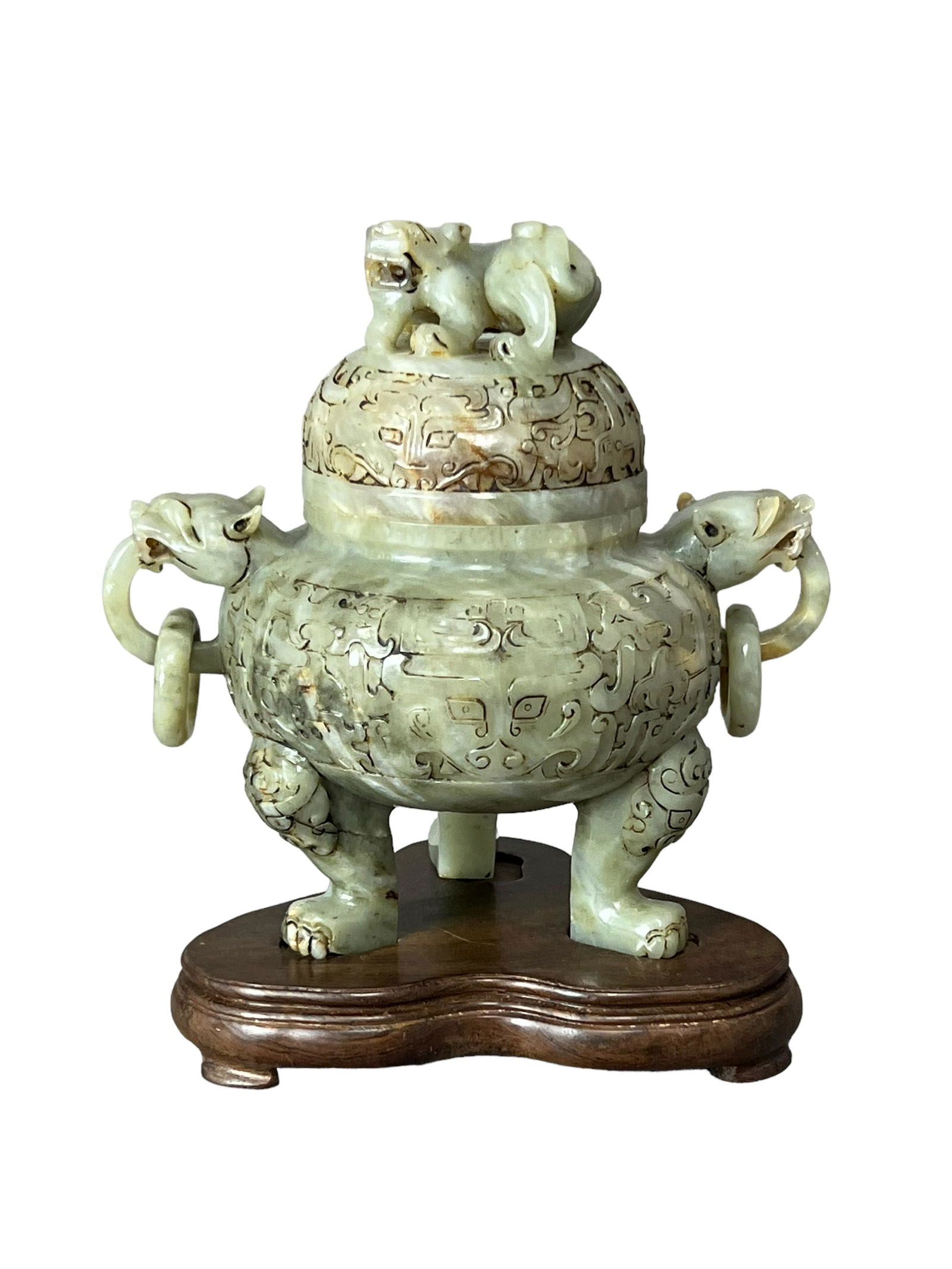 Chinese carved jade censor jar with stand 9 inches tall 9 inches in diameter (1 of 10)