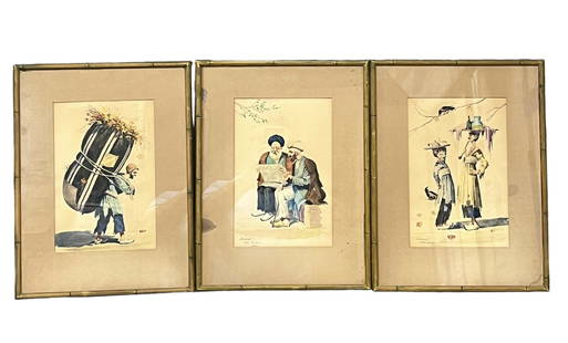 Vintage signed dated 1947 Persian watercolor set of 3: Set of 3 framed Persian folk art watercolor paintings. Signed by DÃ©mon, 1947, Tehran. Studio DÃ©mon (Tehran, Iran) sold original watercolor paintings to shops and street sellers for tourist.