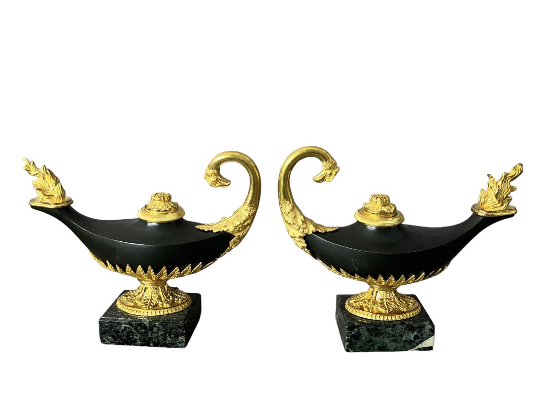 Empire guilt painted bronze antique 19c candlestick form of an oil lamp pair (1 of 14)