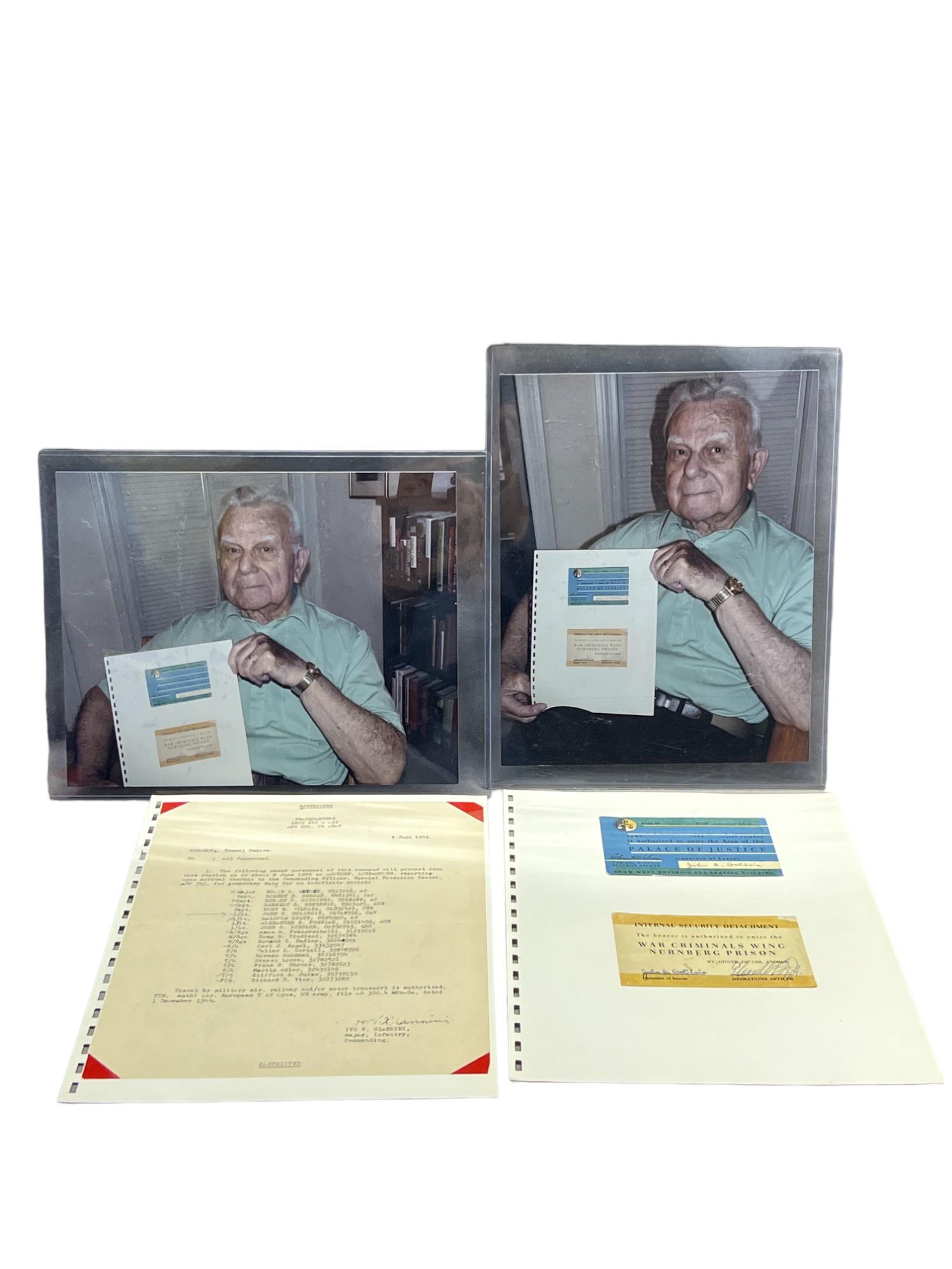 WWII Nuremberg Nazi German war criminal trial US prison guard ID badge signed: WWII Nuremberg Nazi German war criminal trial US prison guard ID badge signed with blue pen by US military internal security detachment officer John Dolibois, both cards are glued to this board. The s