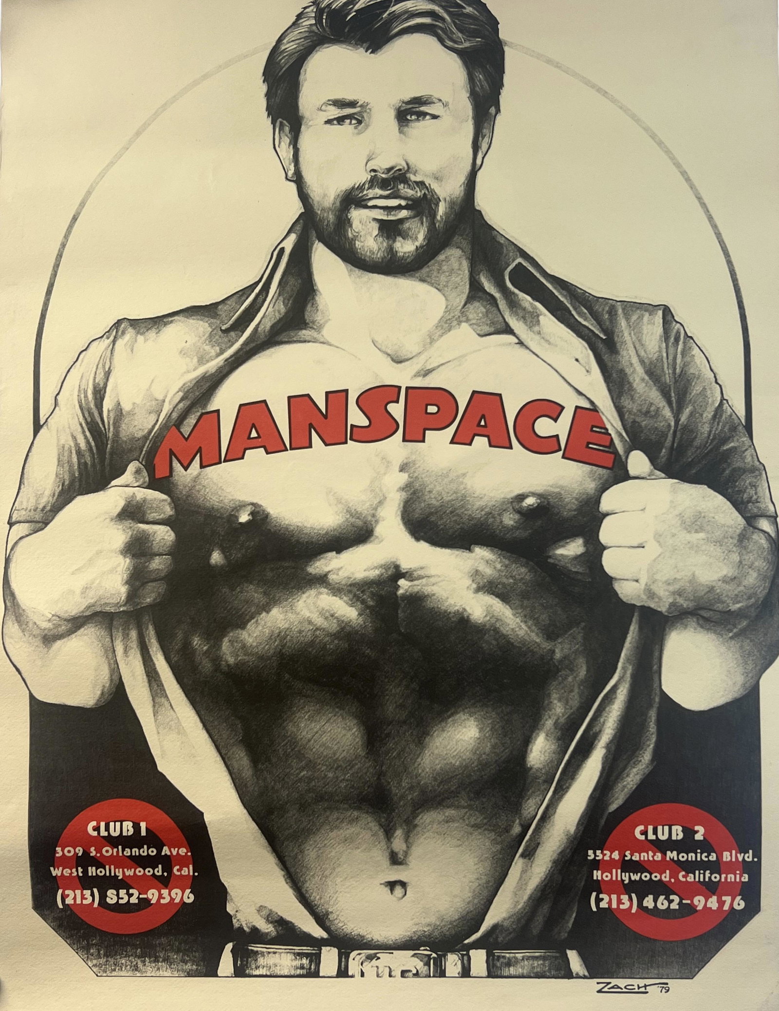 Manspace vintage 1979 Hollywood men's gay club advertising poster: Manspace vintage 1979 Hollywood men's gay club advertising poster on thick paper 18' x 24"