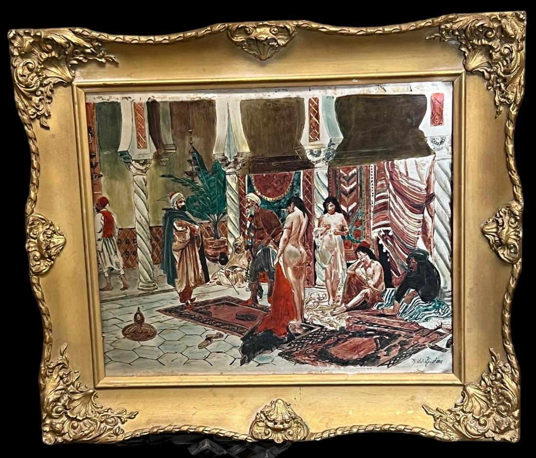 Painting on metal Middle Eastern nude women signed: Painting on metal Middle Eastern nude women signed 22" x 19" including frame