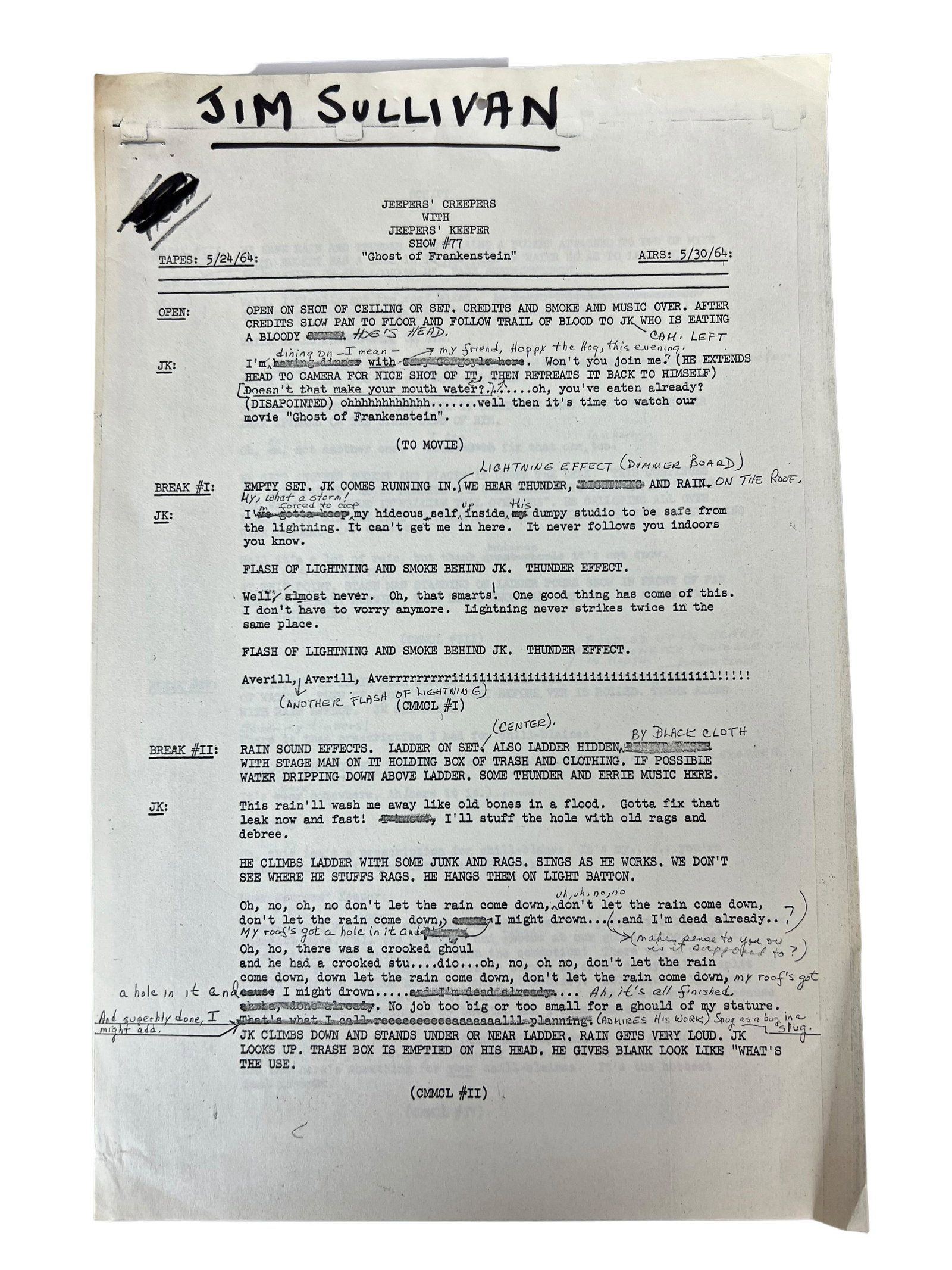 Jeepers Creepers Keeper Theater TV series Script episode 77 Ghost of Frankenstein: Jeepers Creepers Keeper Theater TV series horror show Screen play Script, size 8 1/2" x 14", total of 3 pages, episode 77 Ghosts of Frankenstein.