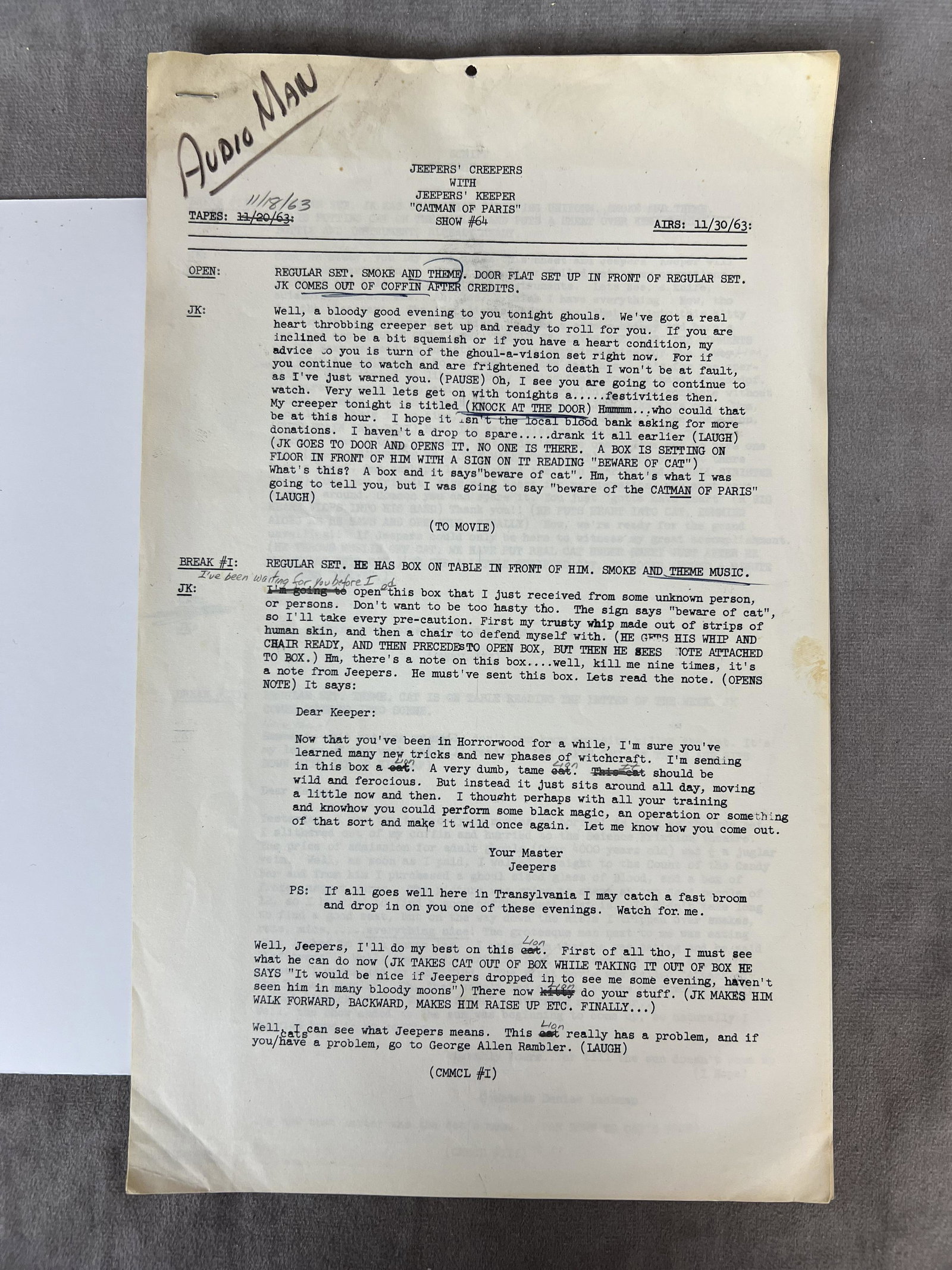 Jeepers Creepers Keeper Theater TV Series Horror Show Screen play Script Episode 64 "Cat Man of: Jeepers Creepers Keeper Theater TV Series Horror Show Screen play Script Episode 64 "Cat Man of Paris" - size 8 1/2" x 14", total of 3 pages