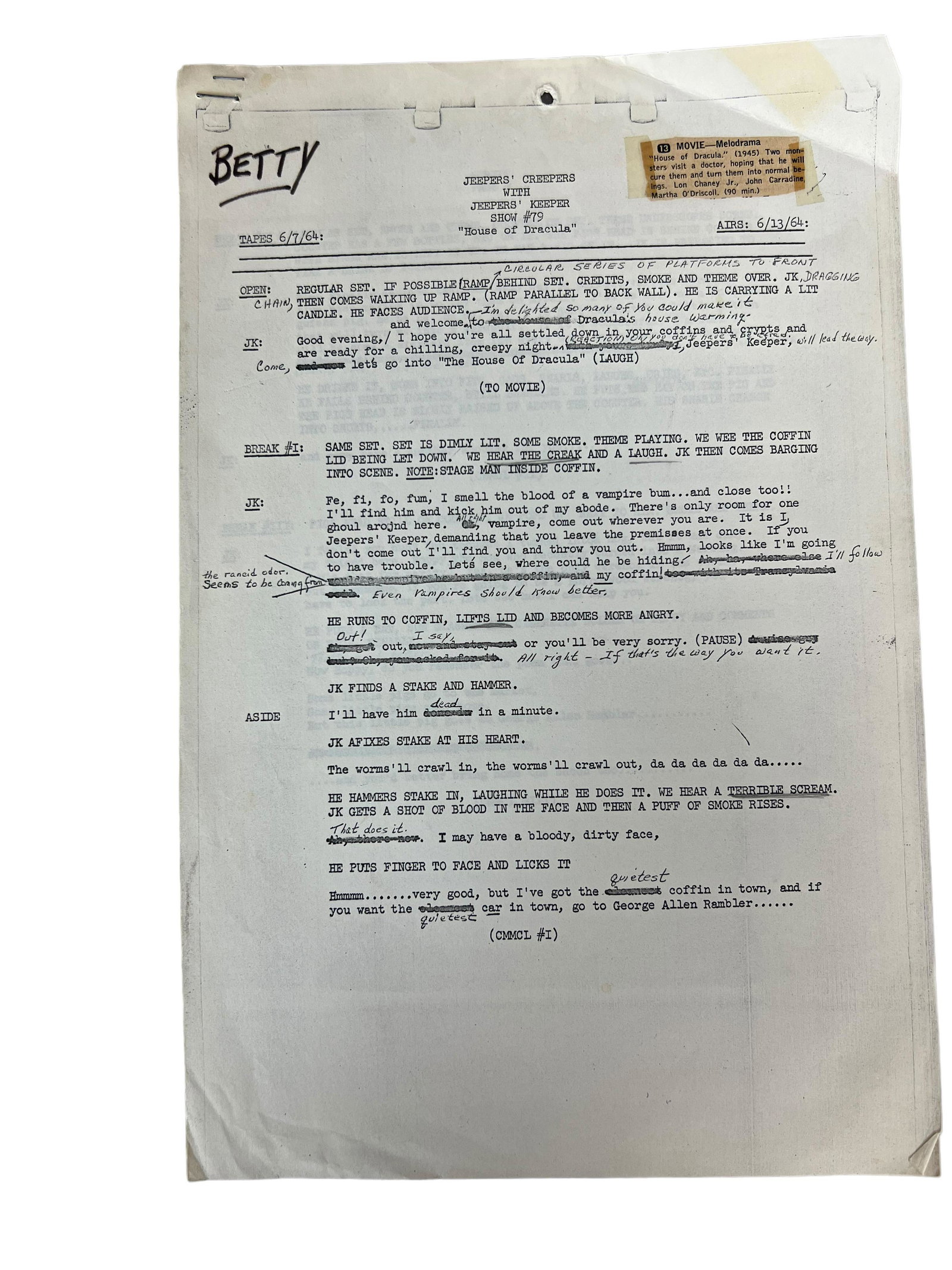 Jeepers Creepers Keeper Theater TV Series Horror Show Screen Play Script episode 79 "House of: Jeepers Creepers Keeper Theater TV Series Horror Show Screen Play Script episode 79 "House of Dracula" - size 8 1/2" x 14", total of 3 pages