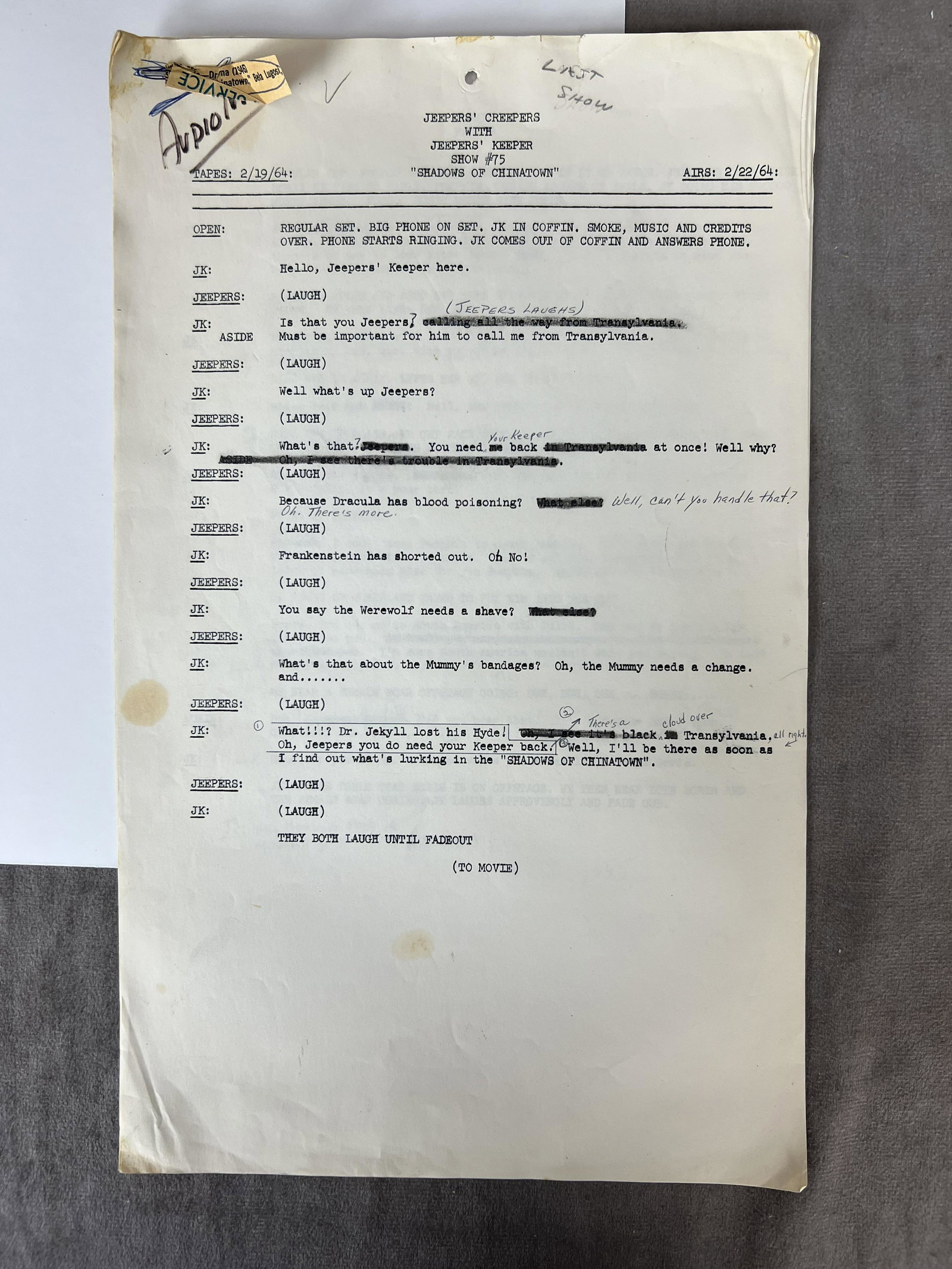 Jeepers Creepers Keeper Theater TV Series Script episode 75 "Shadows Of Chinatown": Jeepers Creepers Keeper Theater TV series horror show Screen play Script, size 8 1/2" x 14", total of 6 pages, episode 75 Shadows of Chinatown. with hand written notes on all 6 pages.